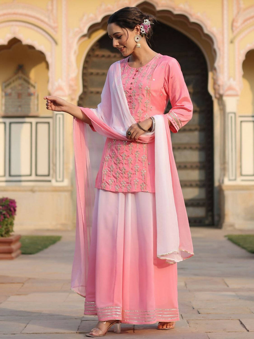 Juniper Women Pink Shantoon Embroidered Kurta, Palazzo and Dupatta Set