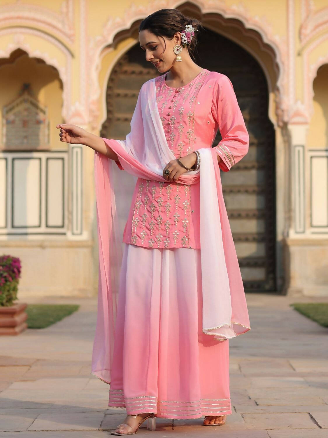 Juniper Women Pink Shantoon Embroidered Kurta, Palazzo and Dupatta Set