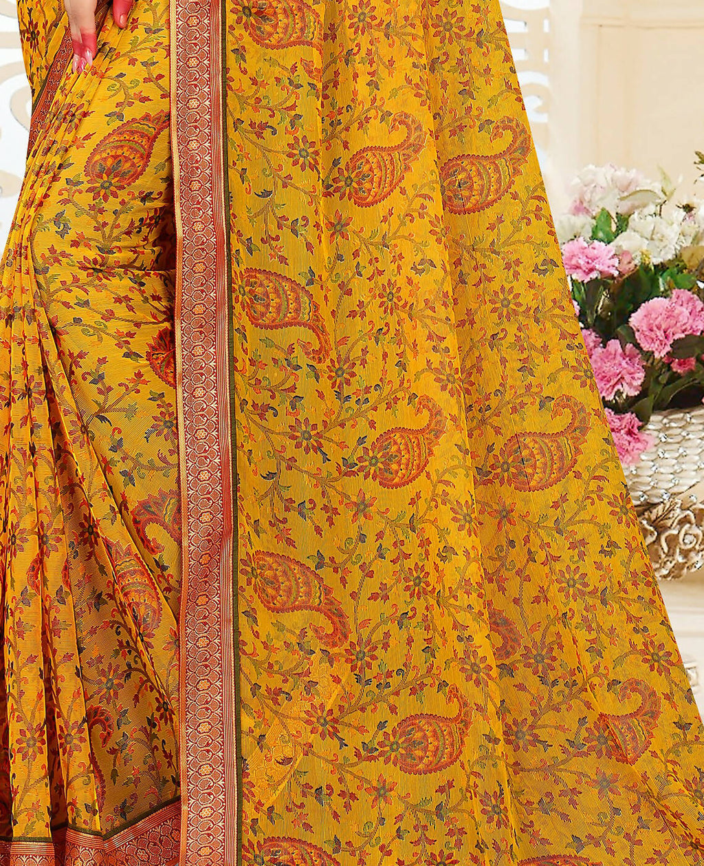 Yellow Chiffon Brasso Printed Saree With Unstitched Blouse Piece - Jyoti