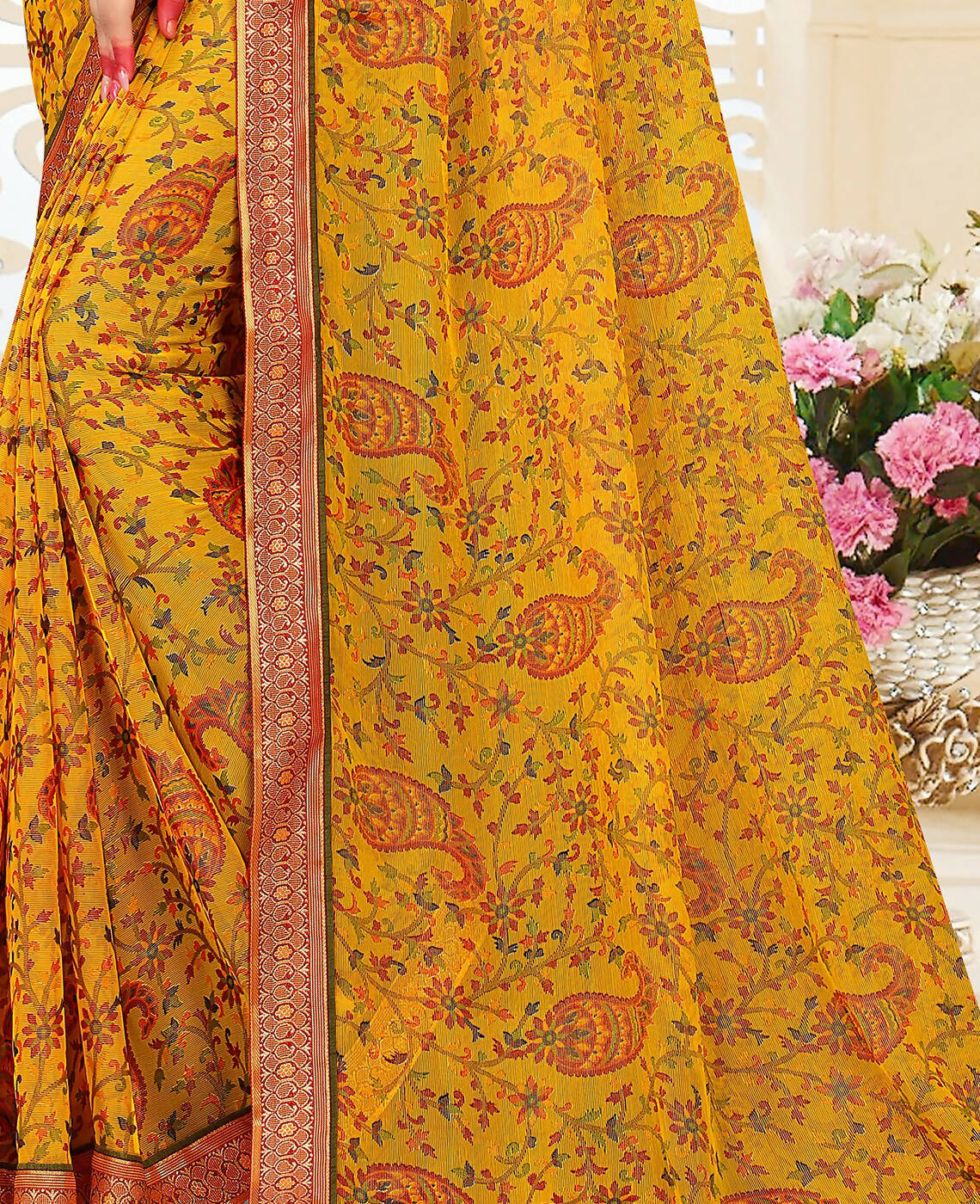 Yellow Chiffon Brasso Printed Saree With Unstitched Blouse Piece - Jyoti