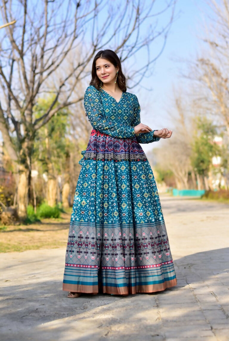 Jyoti Fashion Women's Blue Heavy Digital Printed Cotton Silk Anarkali Dress