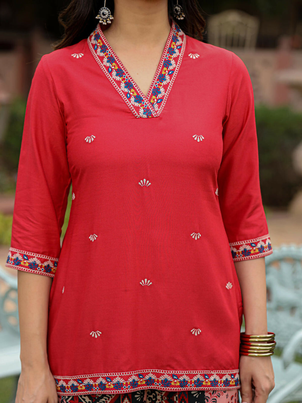 Juniper Women's Rust Thered Embroidered Rayon Kurta Sharara & Voile Dupatta Set