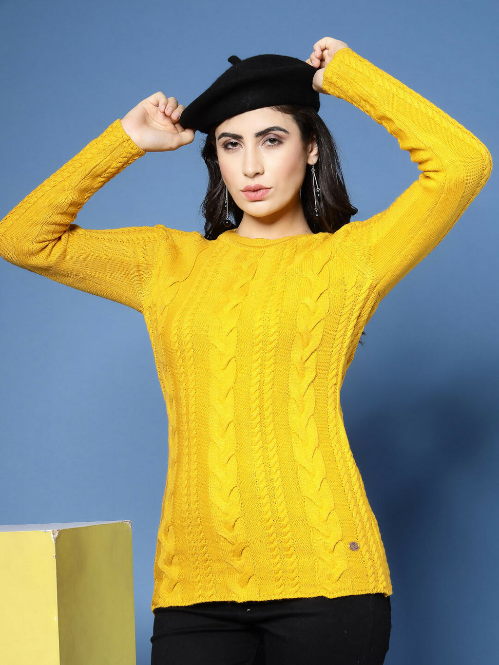 Women Mustard Acrylic Self Design Winter Dress - Wool Trees