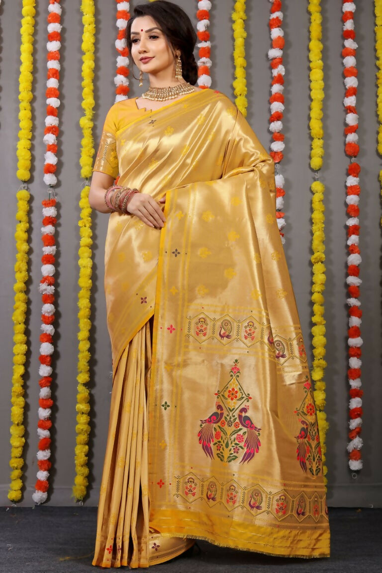 Jyoti Fashion Women's Yellow Paithani Silk Zari Woven Saree with Blouse