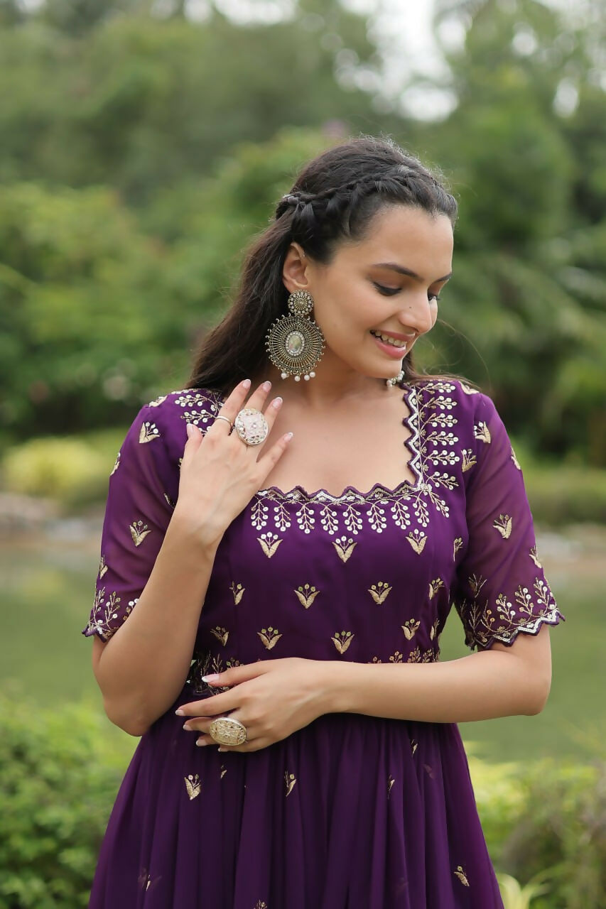 Vastranavya Premium Designer Faux Blooming with Embroidery Zari Sequins work Gown - Purple
