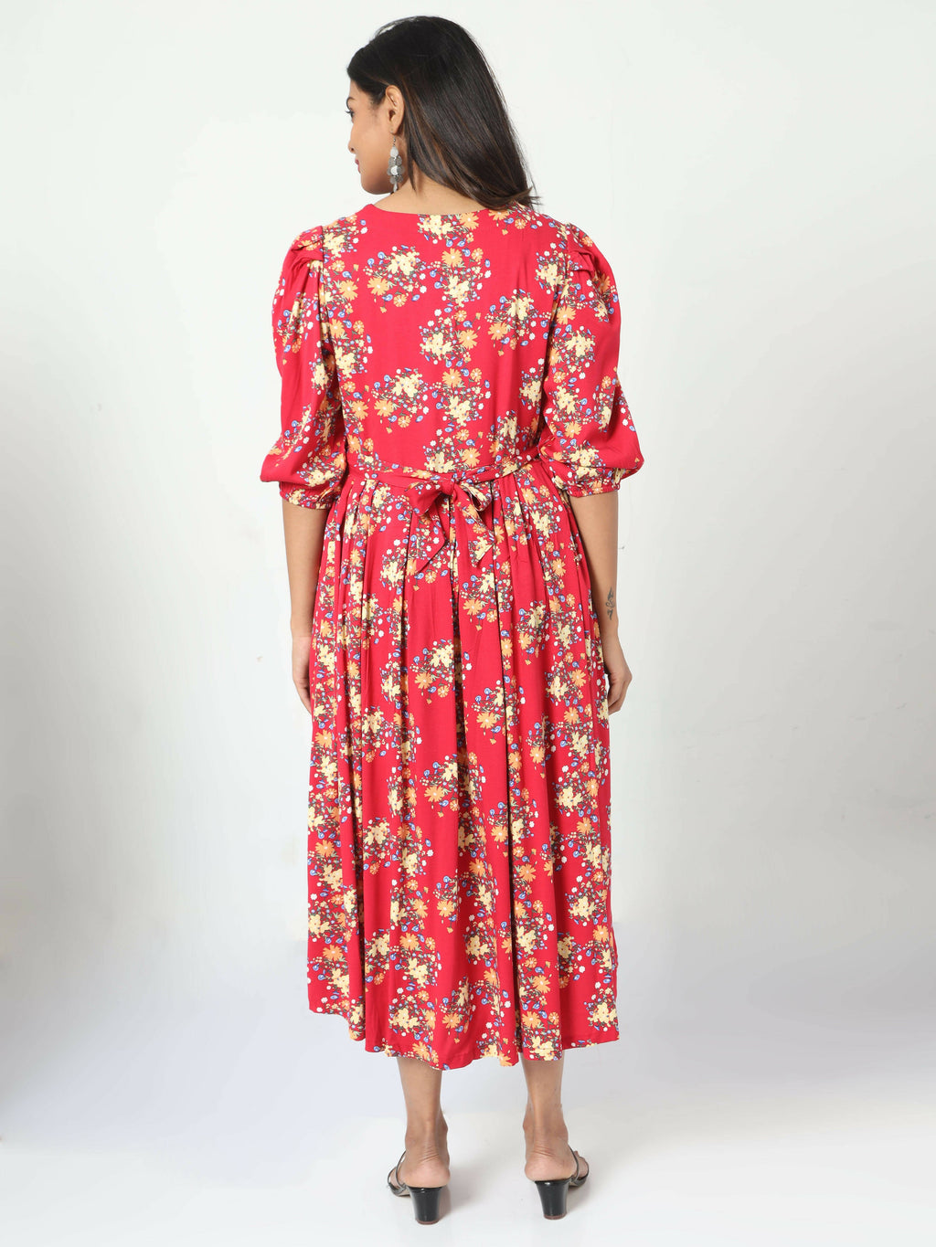 Manet Three Fourth Maternity Dress Floral Print With Concealed Zipper Nursing Access - Red