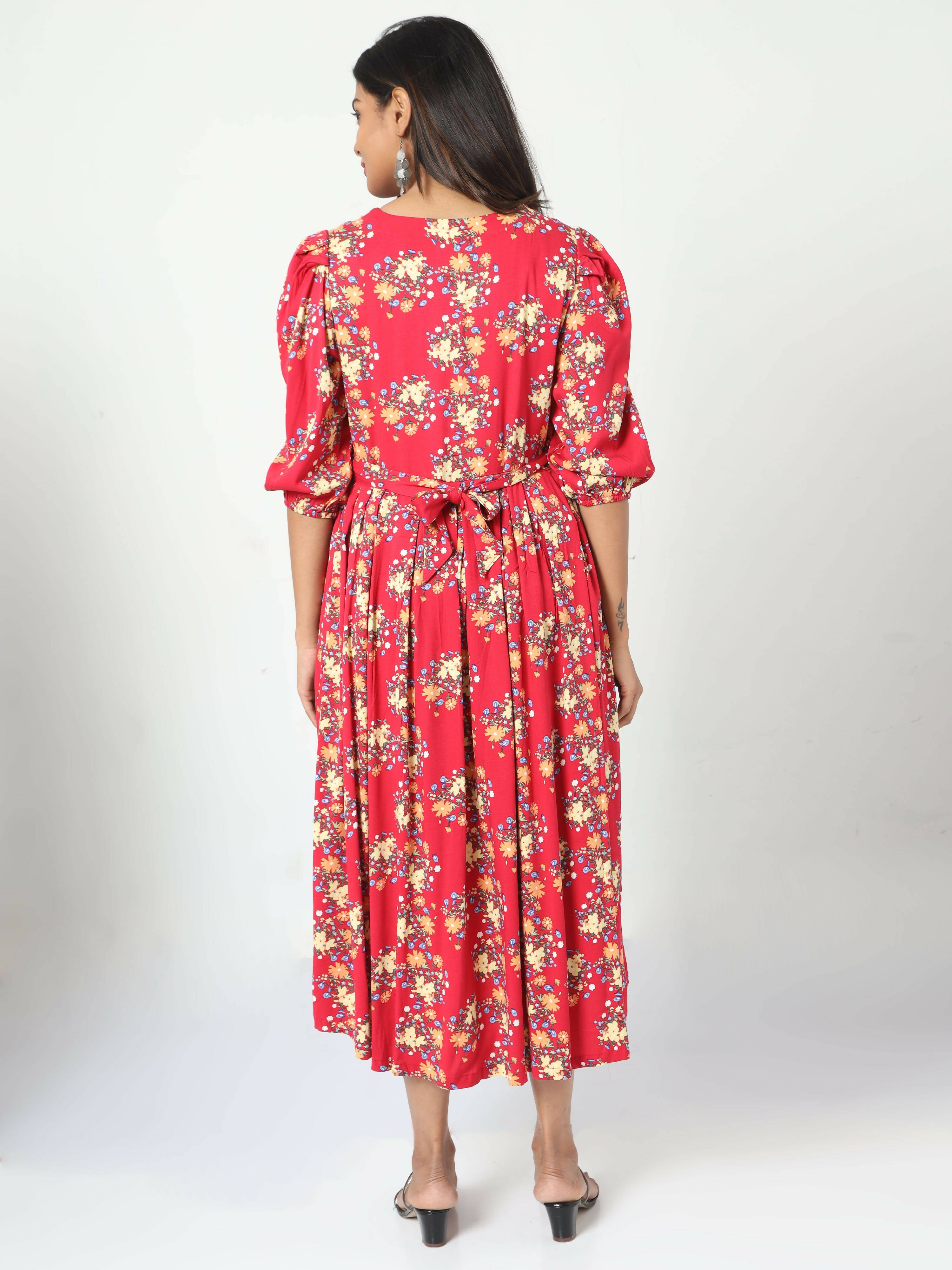 Manet Three Fourth Maternity Dress Floral Print With Concealed Zipper Nursing Access - Red