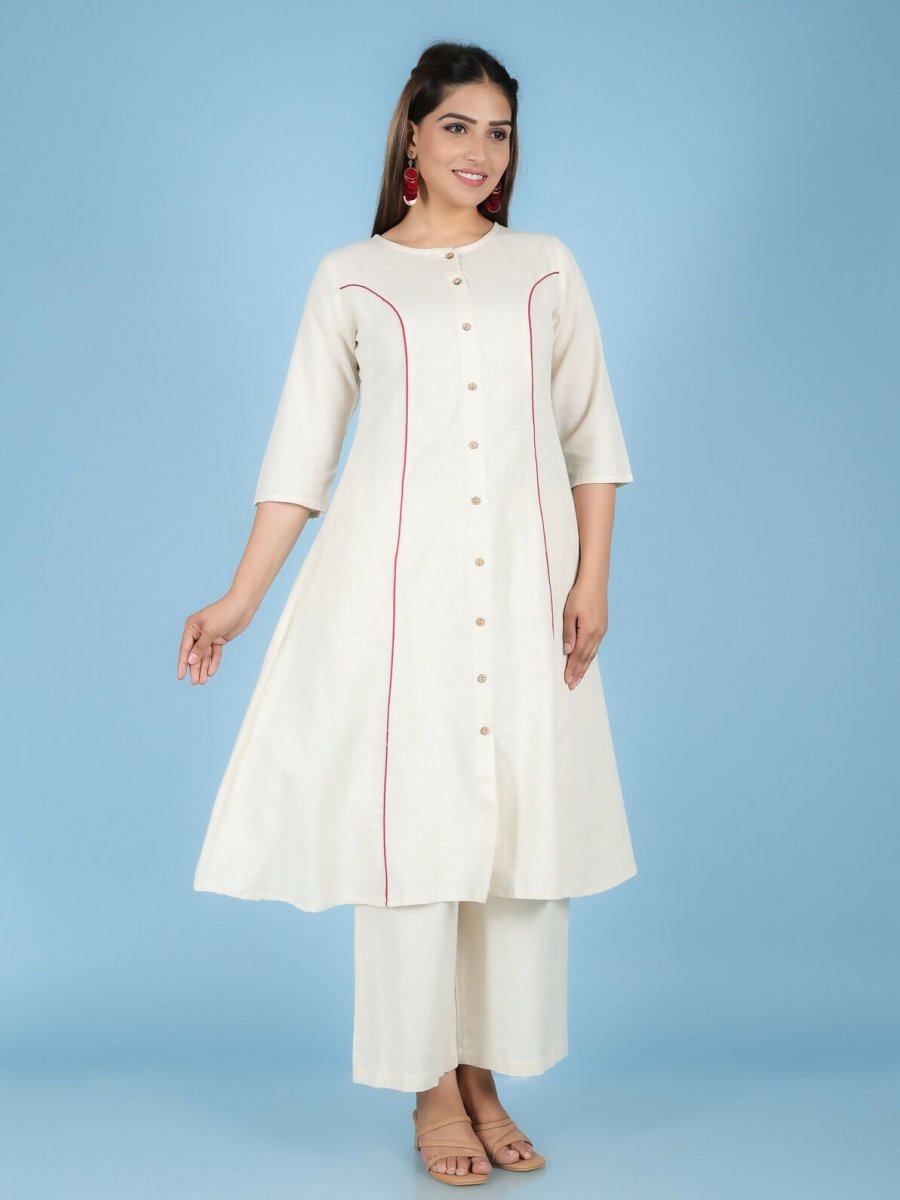 Aramya Cream Linen Cotton Solid A-line Kurta for Women