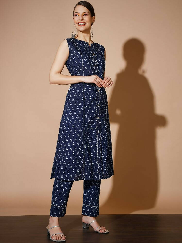 Myshka Women Blue Printed Kurta & Trousers