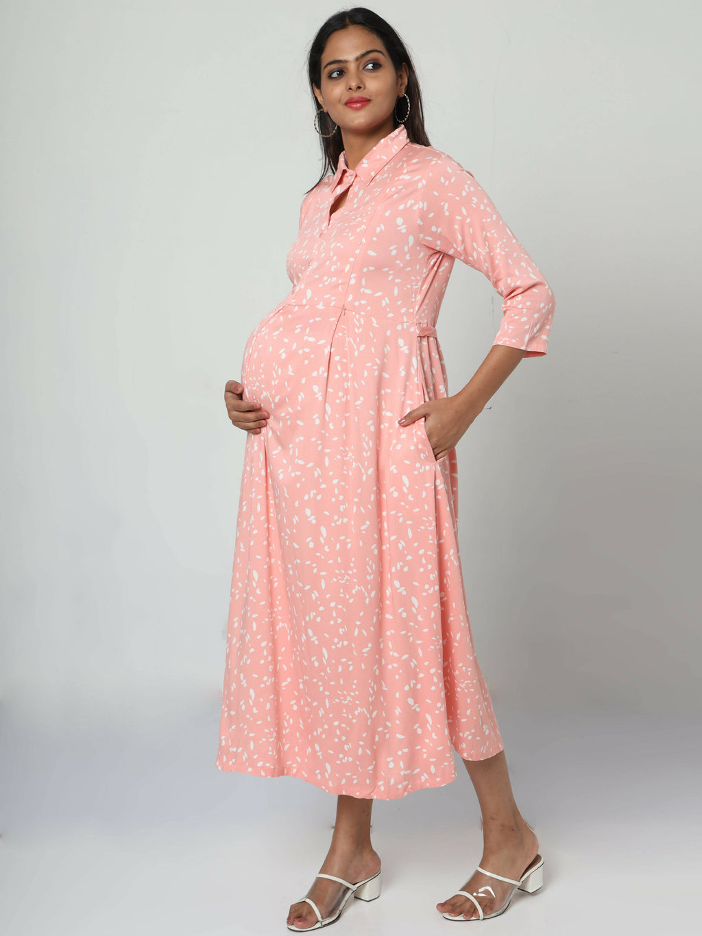 Manet Three Fourth Maternity Dress White Dot Print With Concealed Zipper Nursing Access - Pink