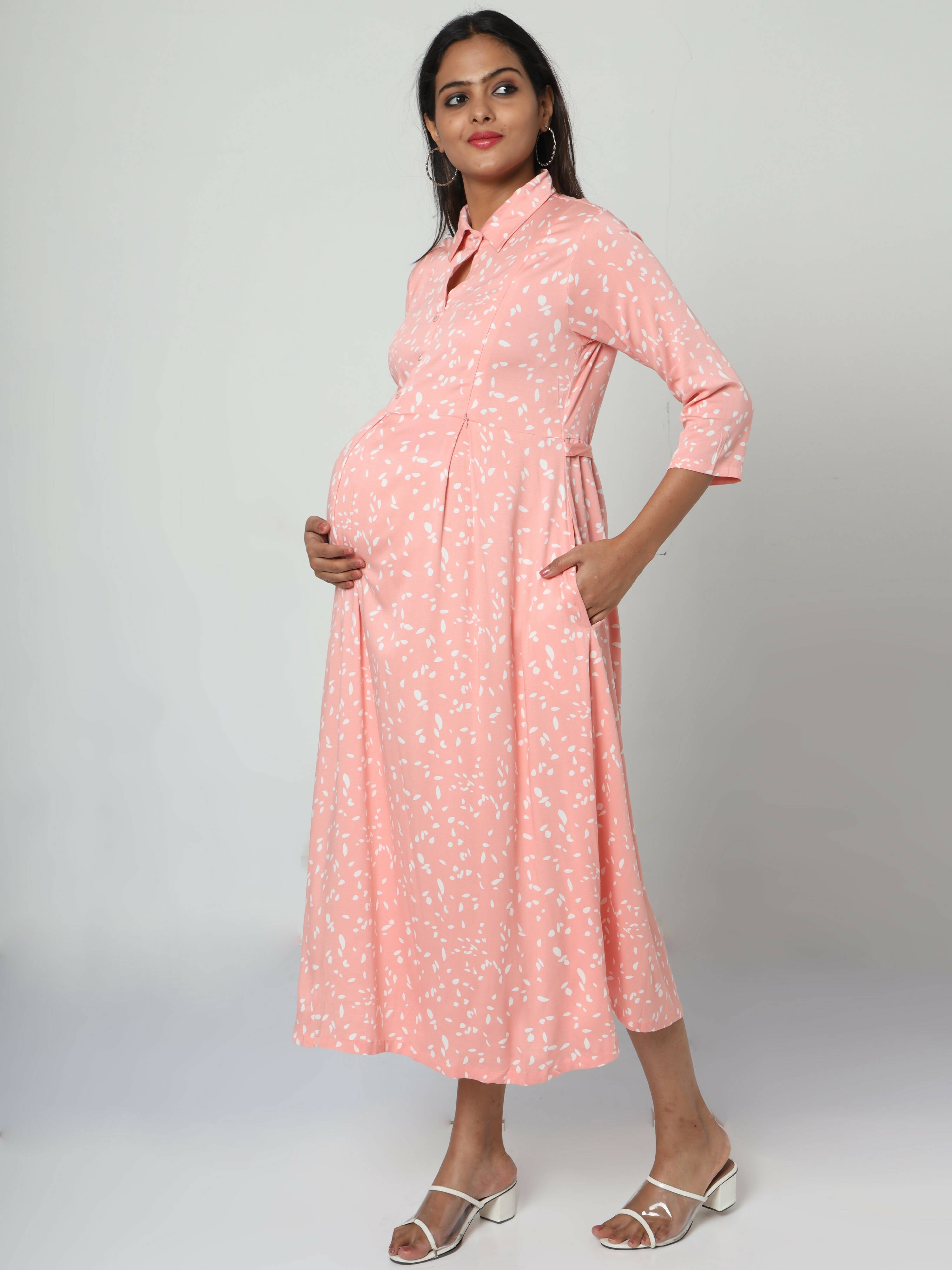 Manet Three Fourth Maternity Dress White Dot Print With Concealed Zipper Nursing Access - Pink