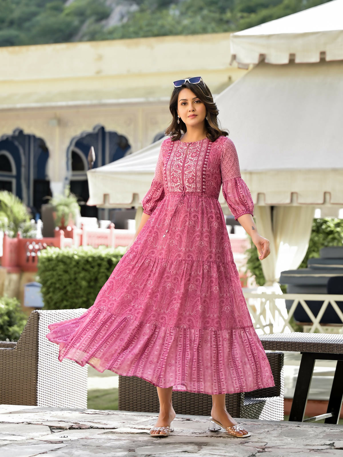 Juniper Women's Onion Pink Ethnic Motif Printed Georgette Gathers Maxi Dress With Sequins & Doris