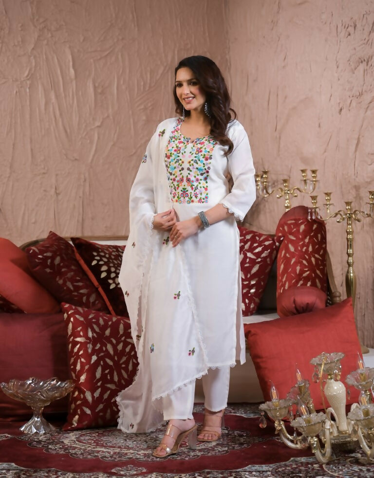 Ethnic Festive Wear Chanderi with Cotton Lining White Stitched Suit With Dupatta - Tanisha
