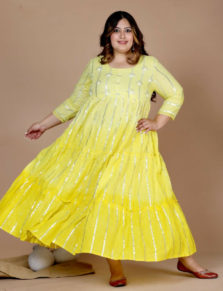 Miravan Women's Plus Size Cotton Embroidery And Lace Work Yellow Party Wear Anarkali Kurta