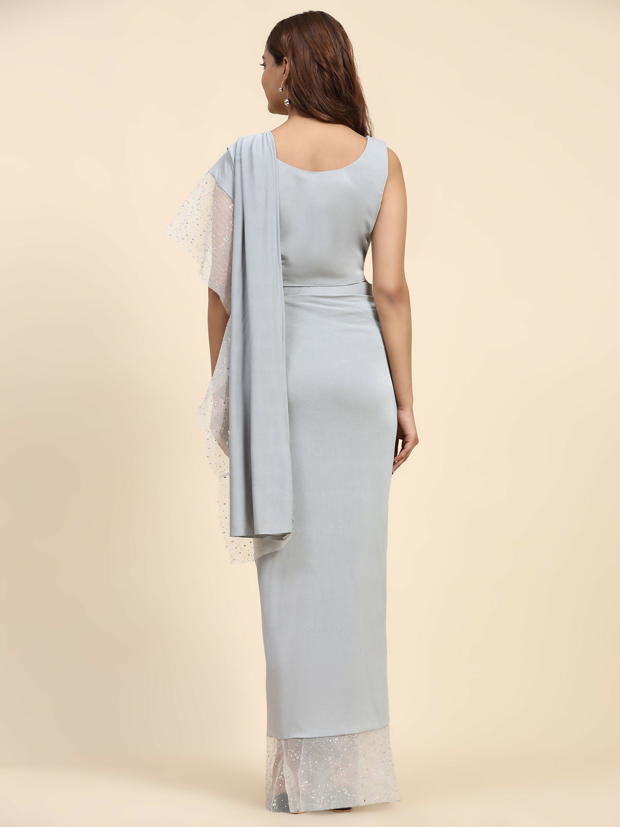 Light Grey Lycra Solid Ready to Wear Saree with stitched Blouse - Nita