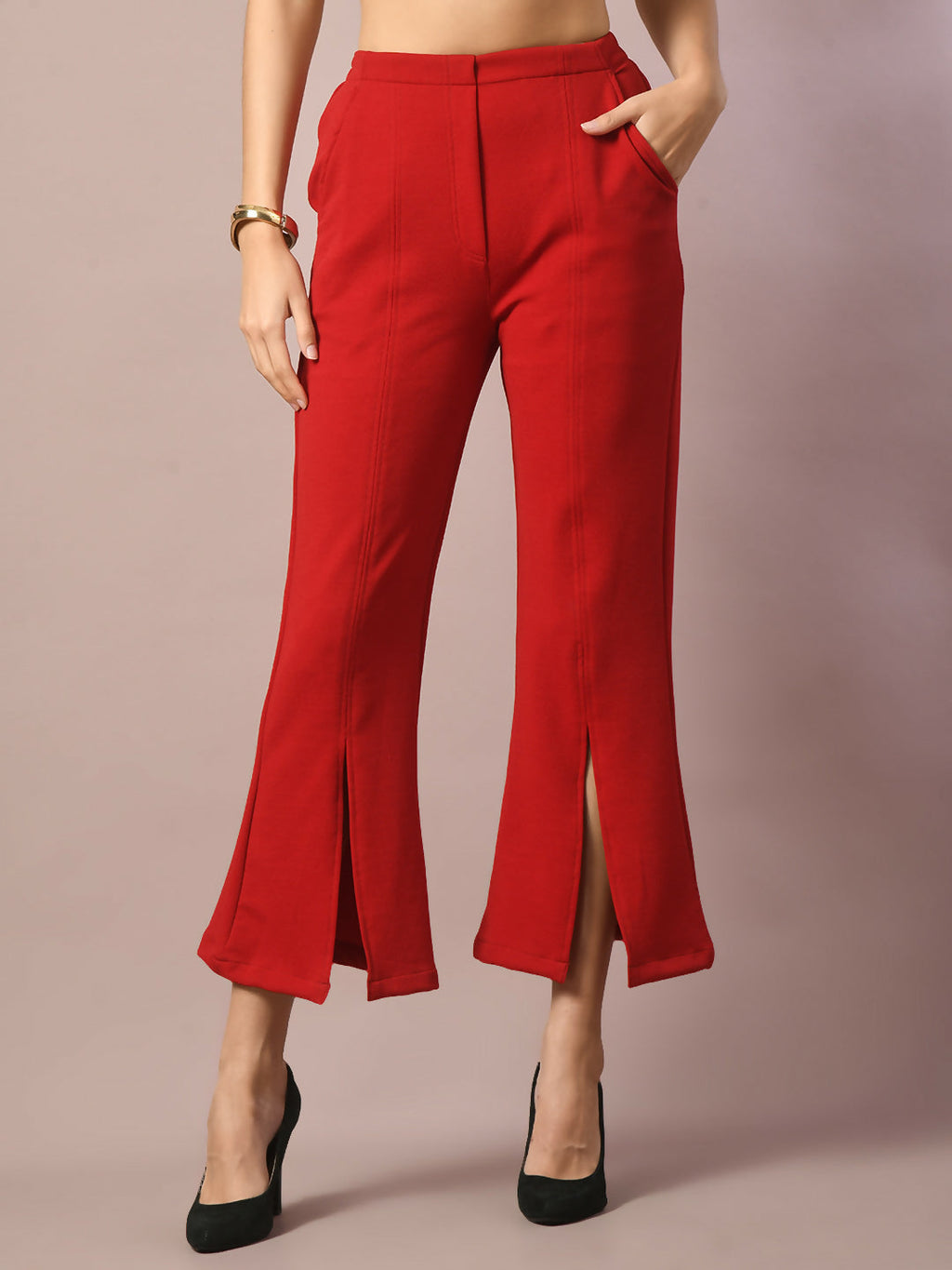 Myshka Women's Red Solid Boat Neck Party Top With Trousers Co-ord set