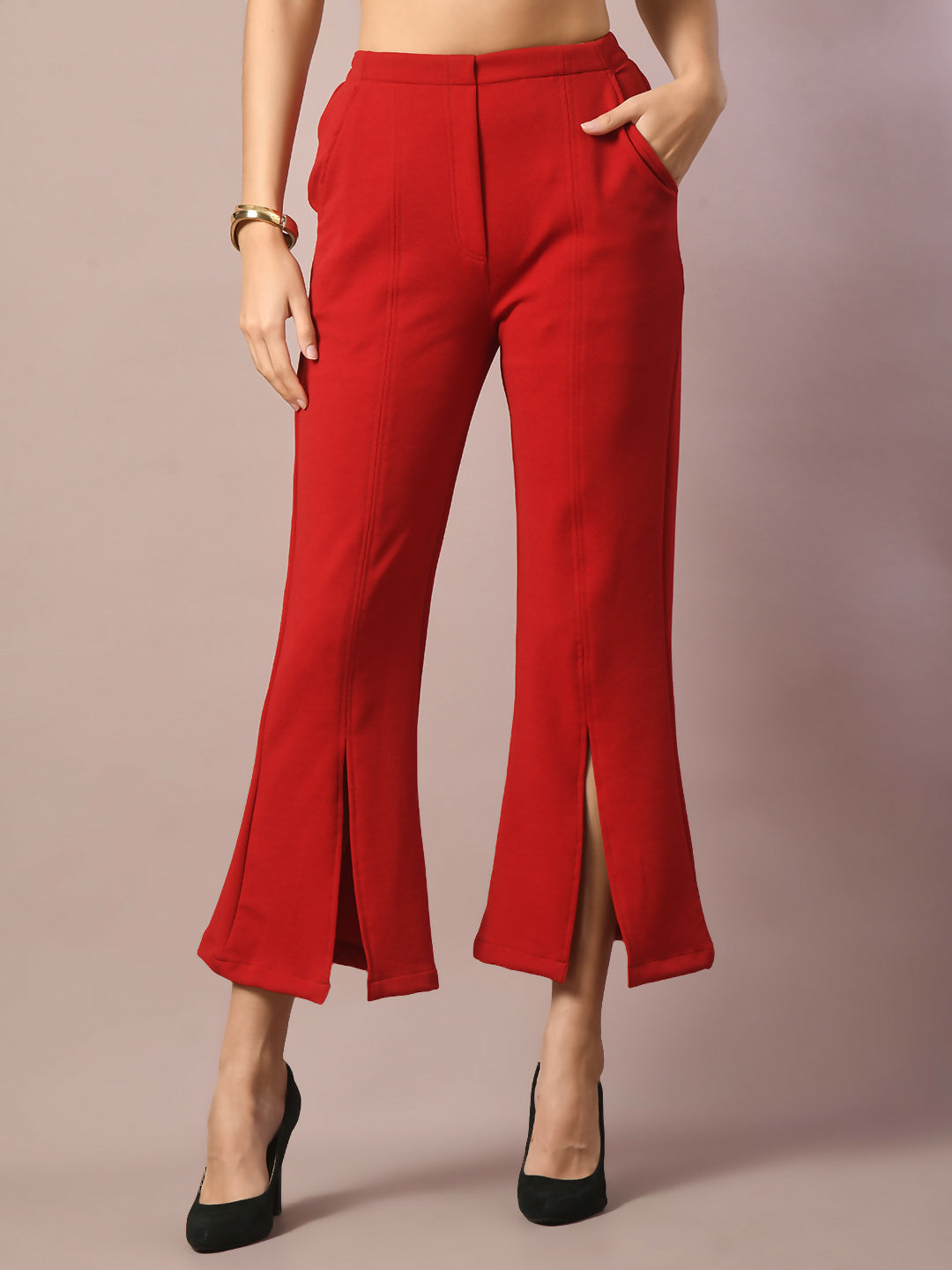 Myshka Women's Red Solid Boat Neck Party Top With Trousers Co-ord set