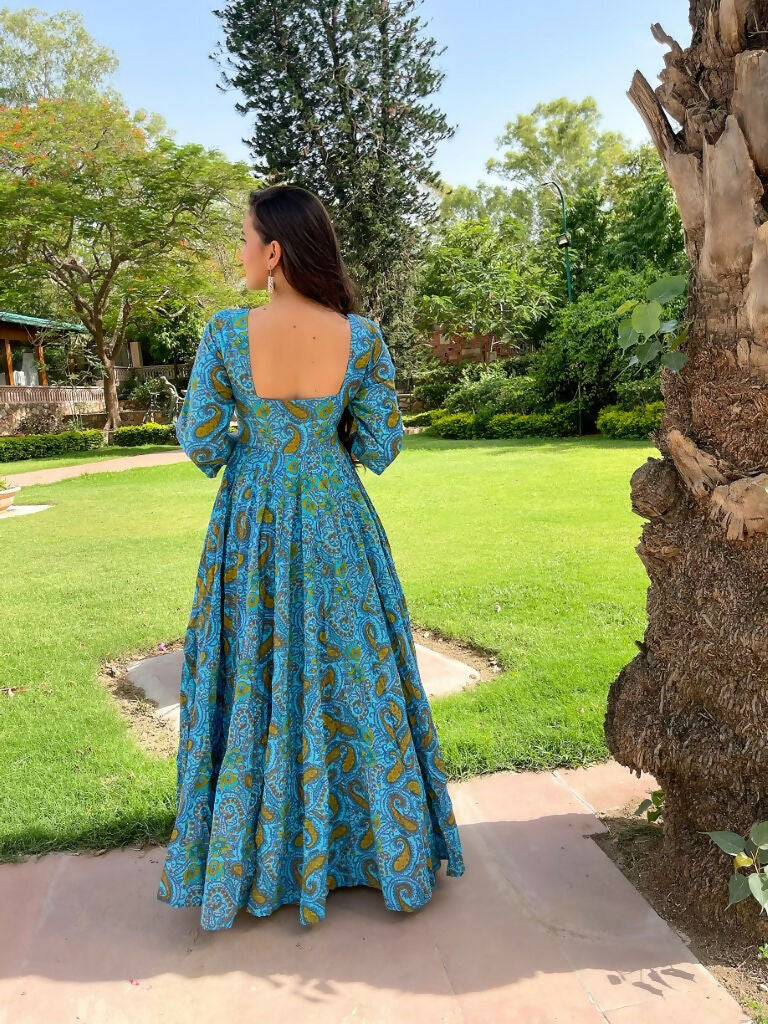 Jyoti Fashion Women's Turquoise Heavy Digital Printed Cotton Silk Anarkali Dress