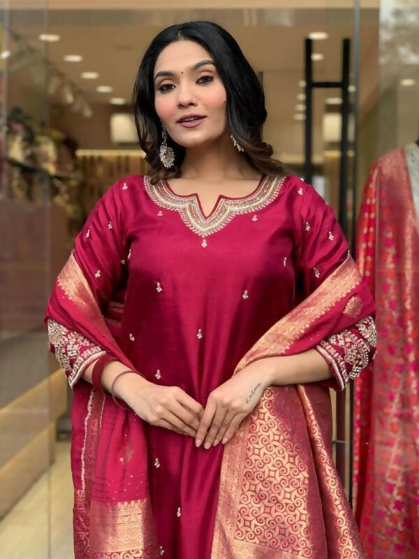 The52 Maroon Beautiful Embroidered Viscose Chanderi Fabric Straight Kurta Pant with Dupatta Set