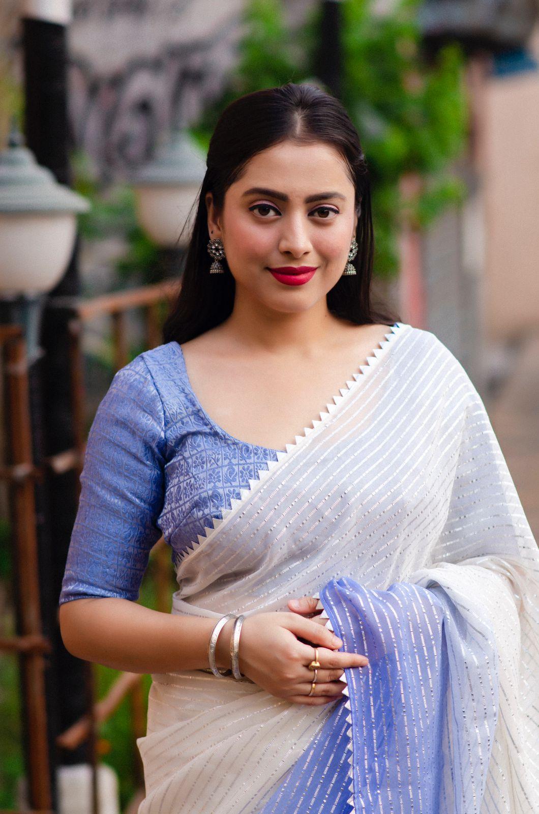 Lavender Poly Chiffon Striped Saree with Unstitched Blouse - A2M