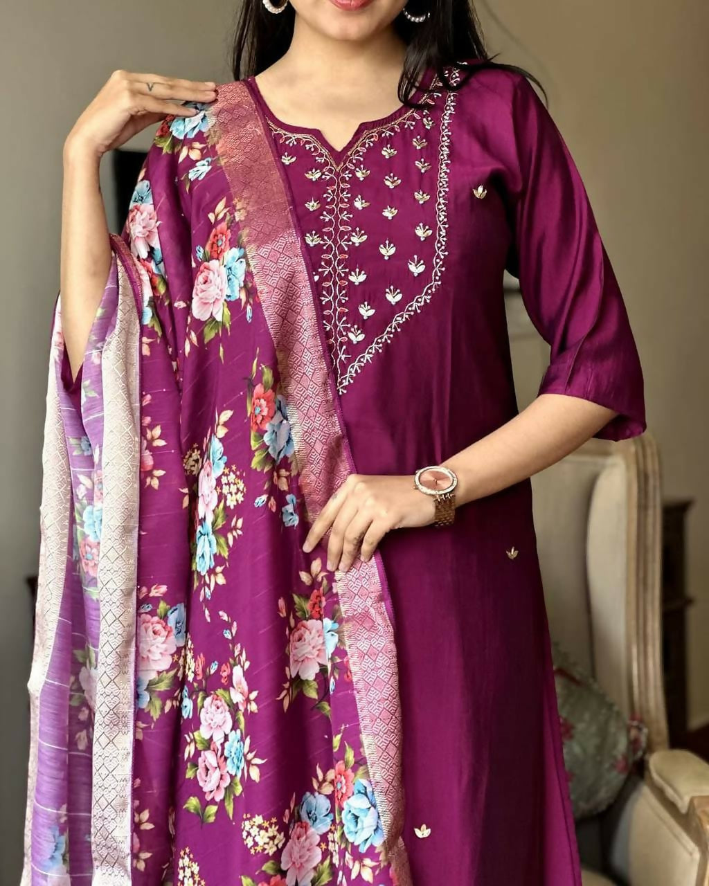 The52 Wine Women's Gorgeous Embroidered Rayon Fabric Straight Kurta Pant with Dupatta Set