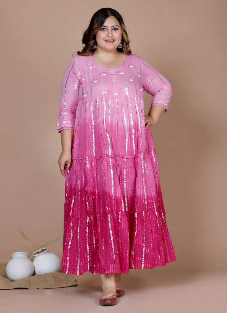 Miravan Women's Plus Size Cotton Embroidery And Lace Work Pink Party Wear Anarkali Kurta