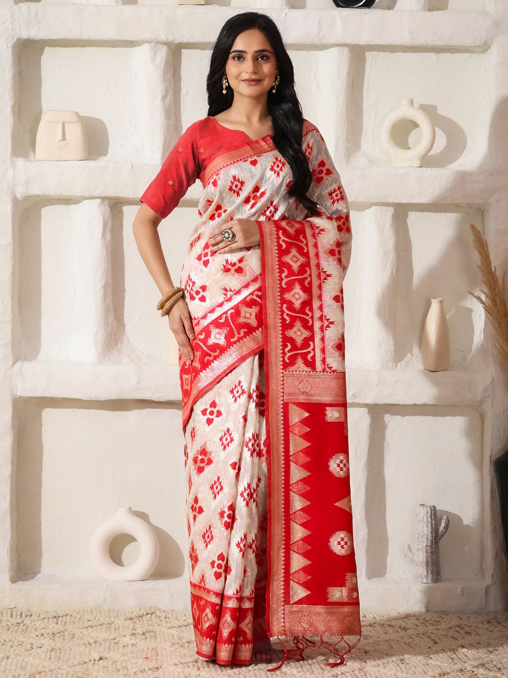 Shree Shyam Fashion Linen Cotton Red & White Saree