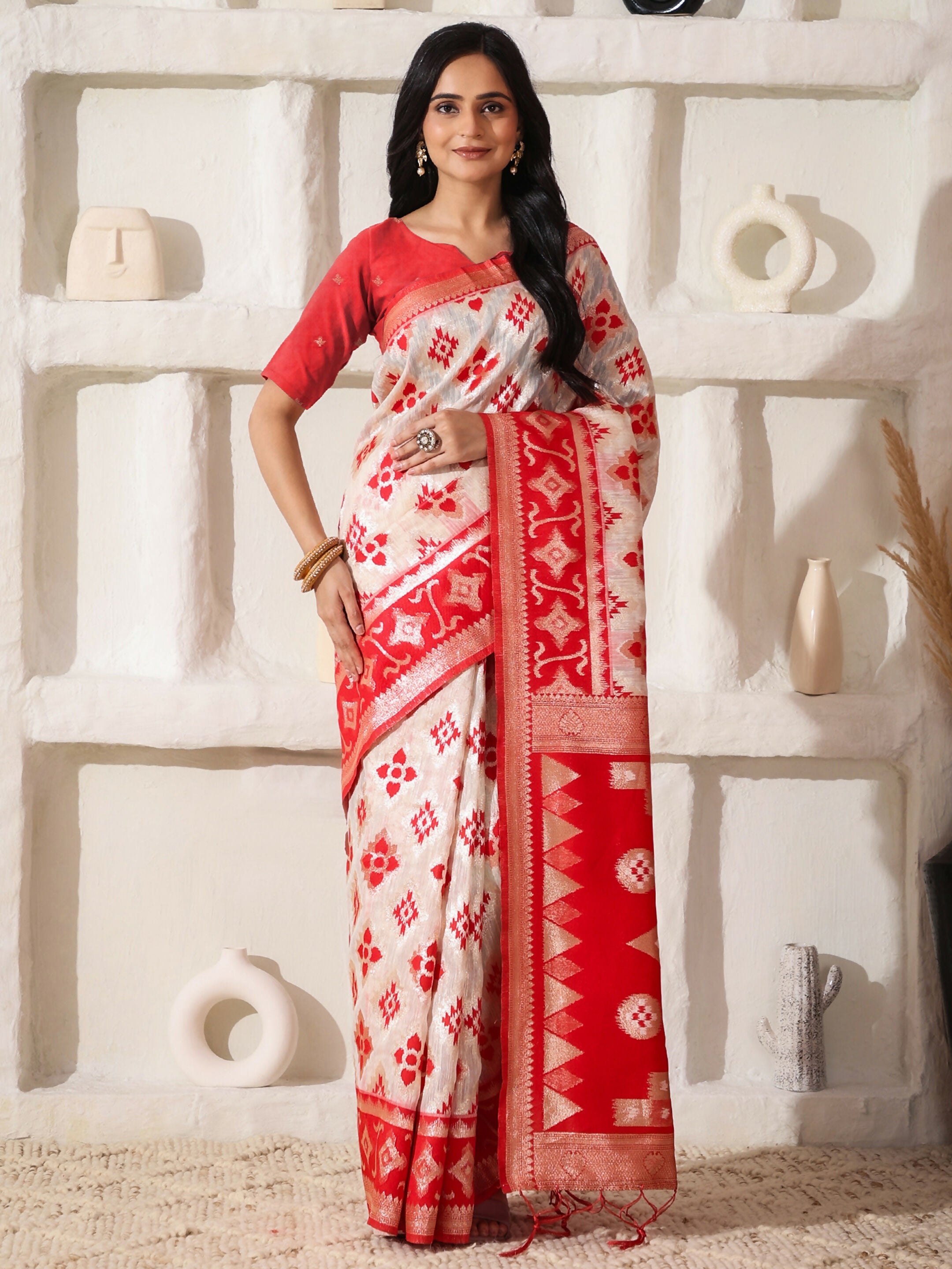 Shree Shyam Fashion Linen Cotton Red & White Saree
