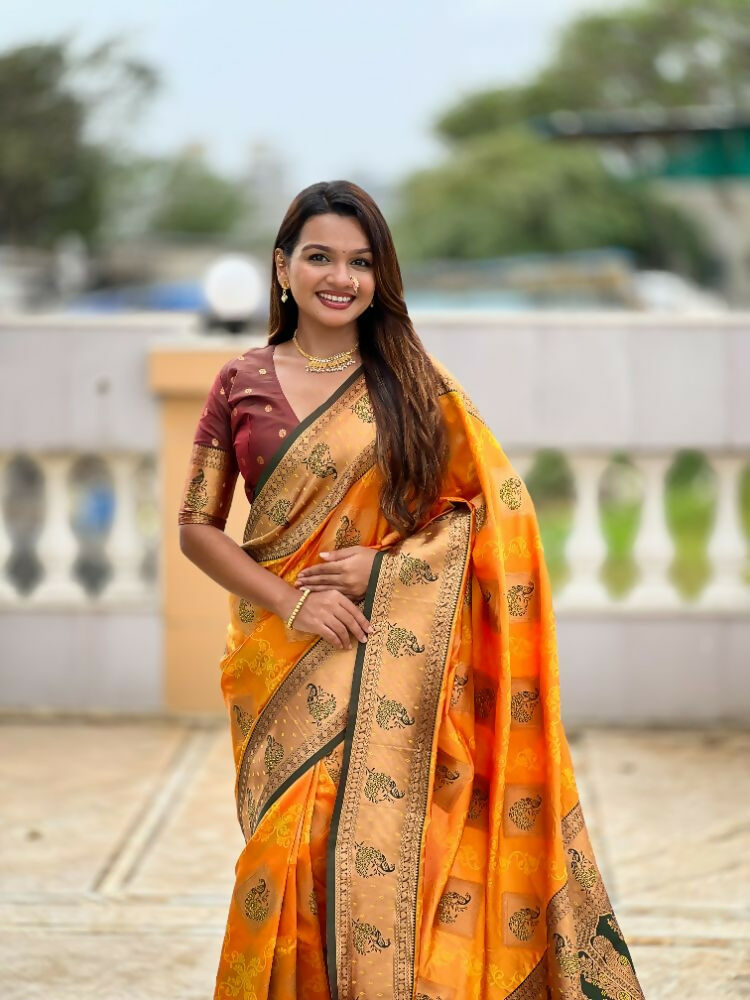 PR Fashion Mustard Orange Soft Banarasi Silk With Zari Weaving Meenakari Design Saree