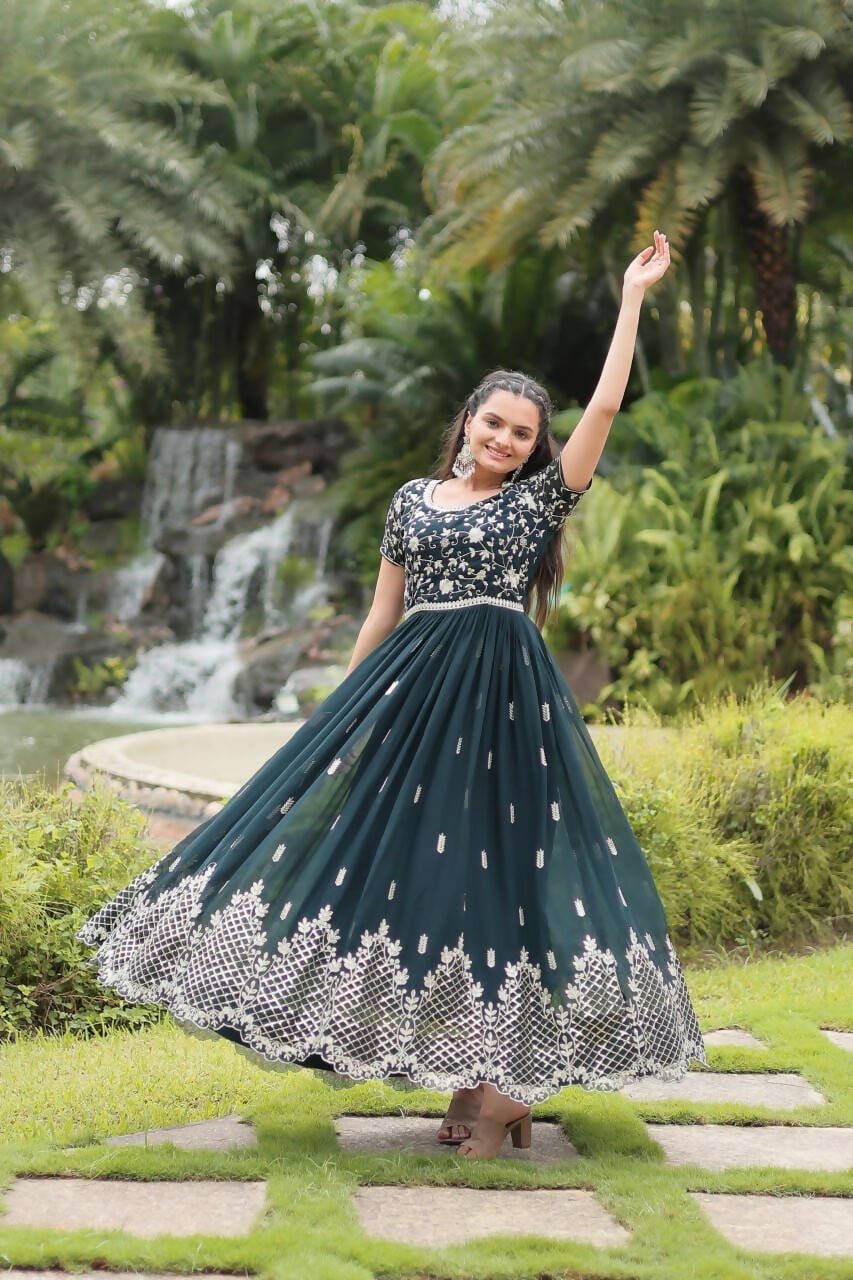 Vastranavya Premium Designer Faux Blooming with Embroidery Zari Sequins work Gown - Teal