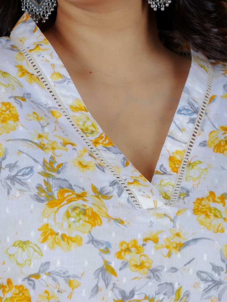 Aramya Yellow Soft Cotton Floral Print Straight Kurta Pant Set for Women