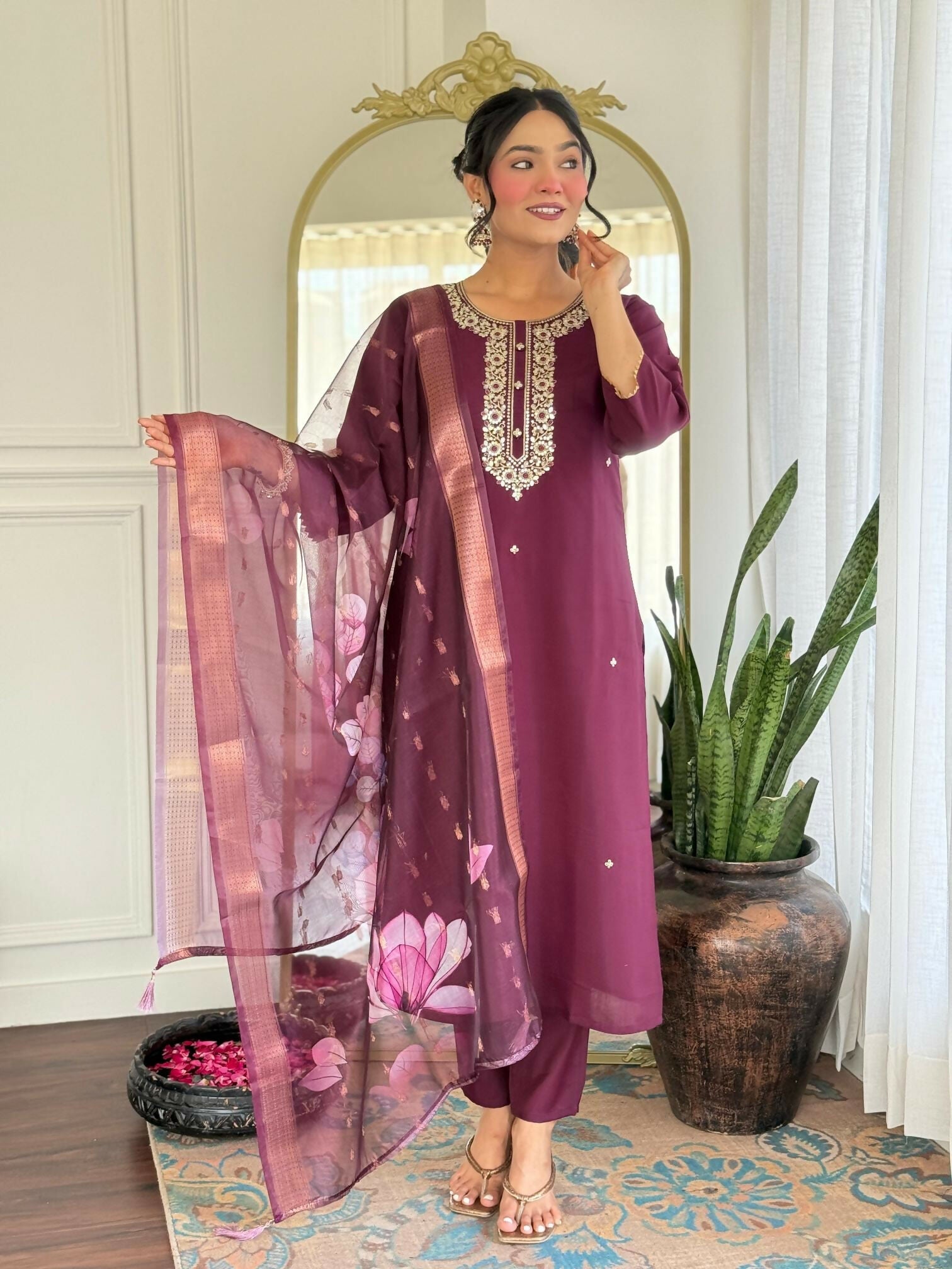 The52 Wine Women's Gorgeous Rayon Fabric Embroidered Work Straight Kurta Pant and Dupatta Set