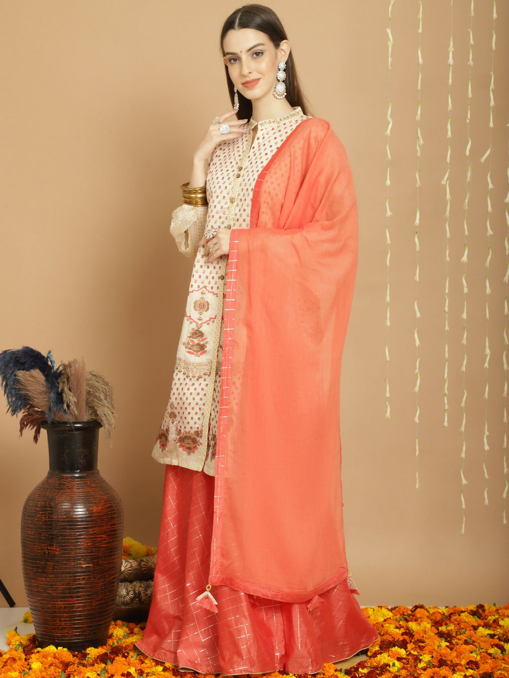 Jyoti Fashion Women's Cream Chanderi Silk Elegant Jardoshi Semi Kurta with Trouser & Dupatta