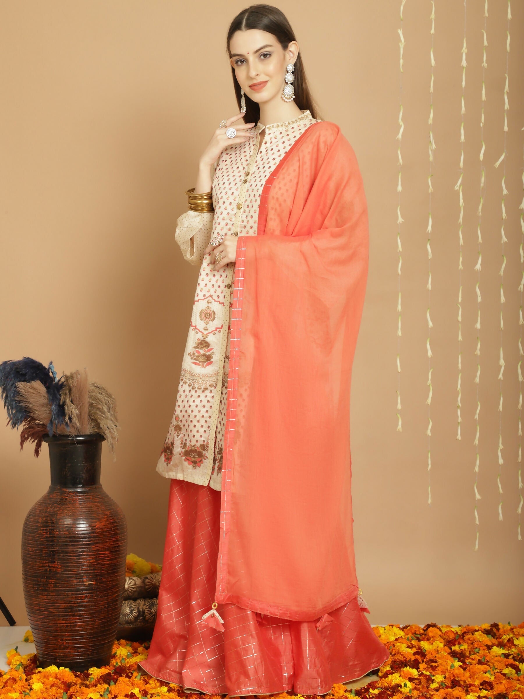 Jyoti Fashion Women's Cream Chanderi Silk Elegant Jardoshi Semi Kurta with Trouser & Dupatta