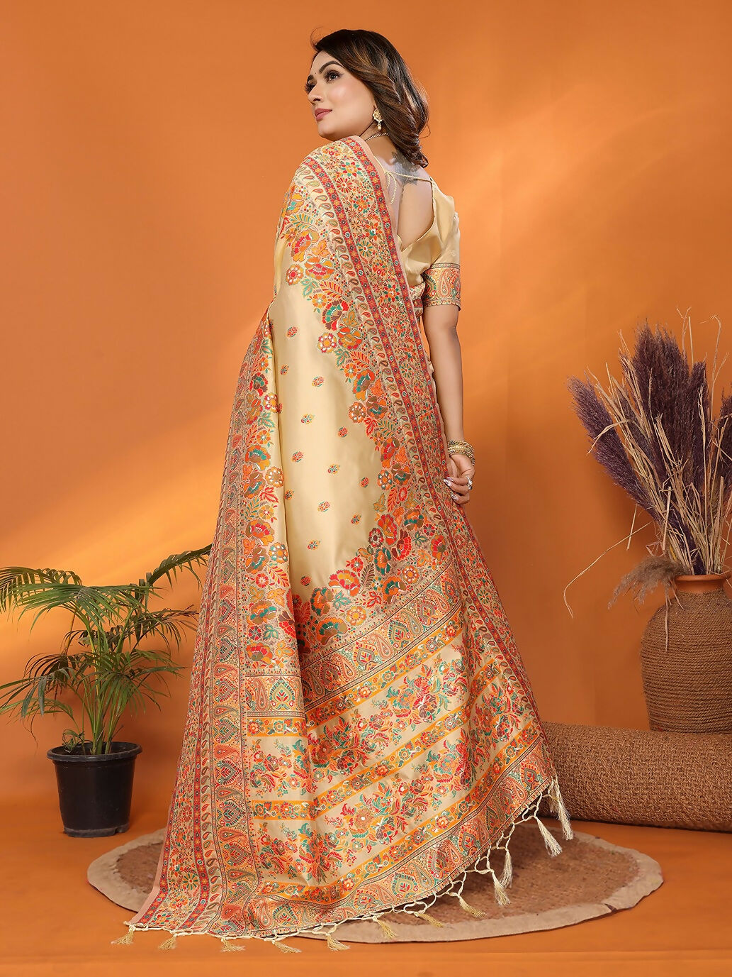 Joban Fashion Beige Meena Weaves Pashmina Sarees