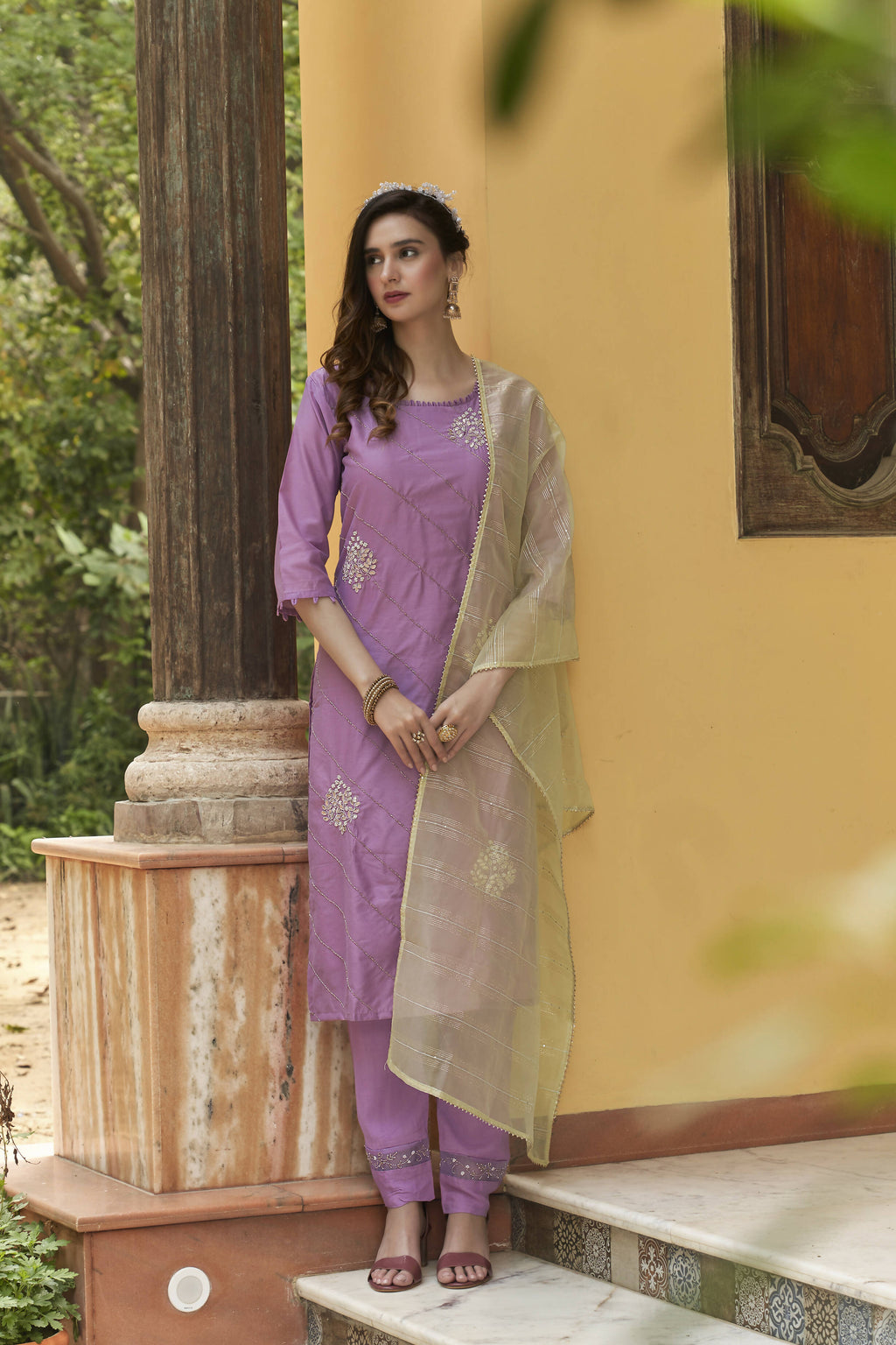 Lavender Chinon Embroidered Kurta and Bottom with Dupatta - Akashara
