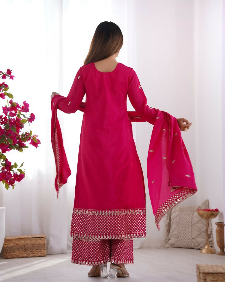 Teeya Creation Pink Color Pure Chinnon Silk Embroidery Work Functional Wear Salwar Suit