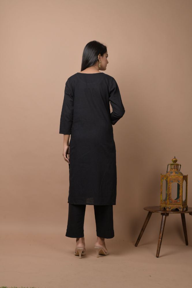 Kaajh Women's Black Solid Sequins Embellished Kurta Pant Set