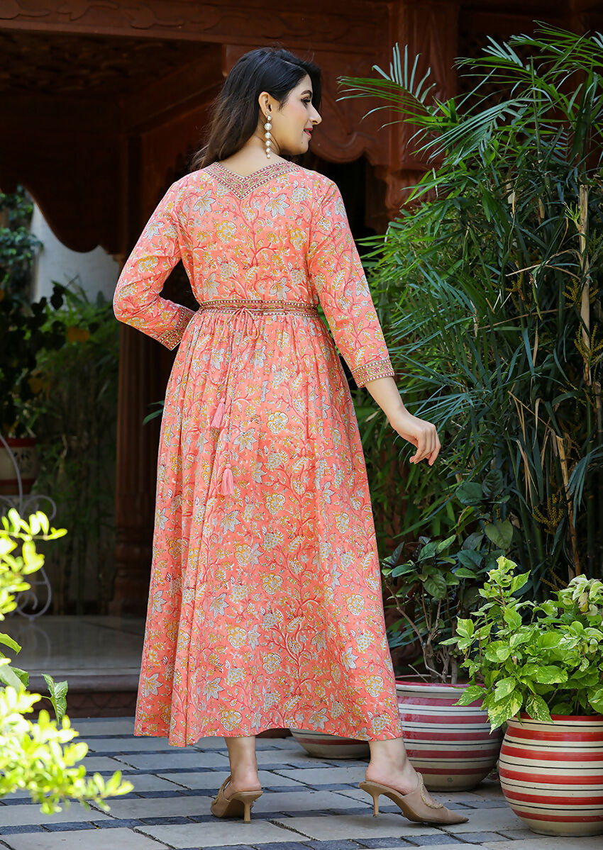 Kaajh Women's Light Orange Floral Handblock Printed Cotton Dress