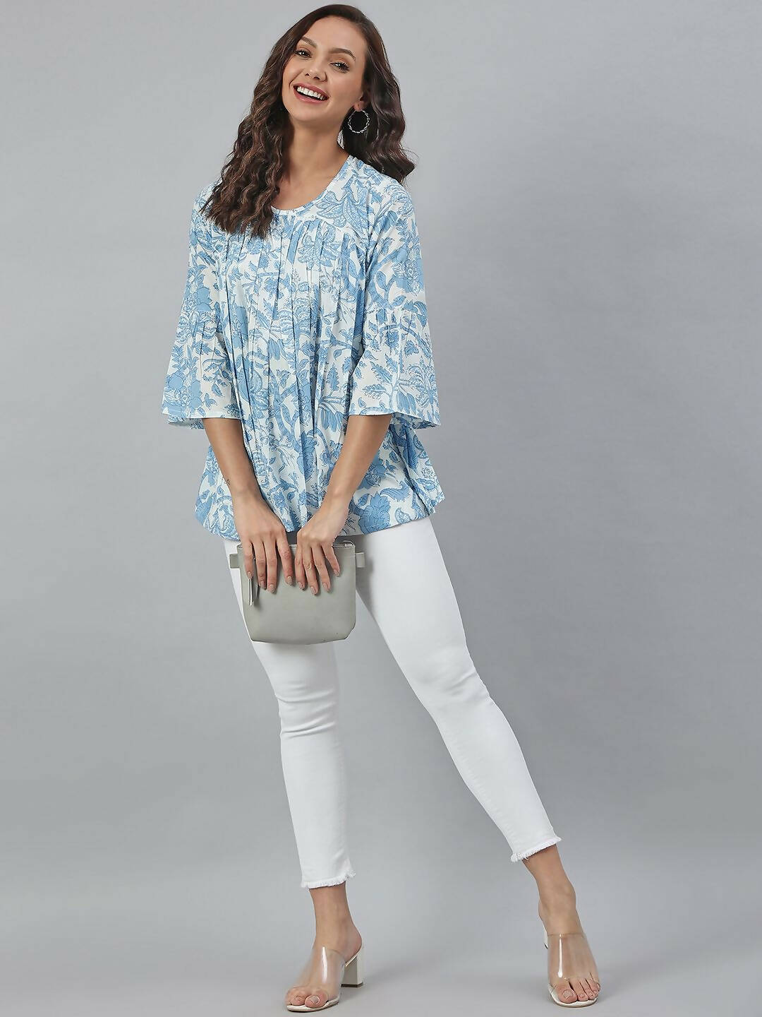 Janasya Women's White Cotton Floral Print Tiered Top