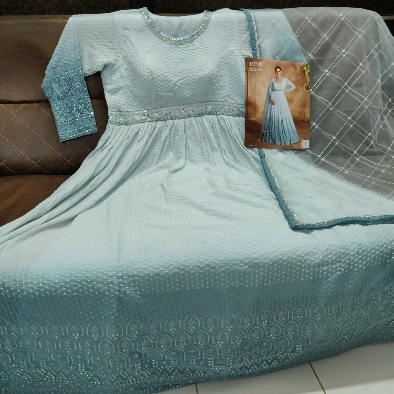 Vastranavya Sky Blue Chikankari Embroidered Sequence Work Abaya Suit