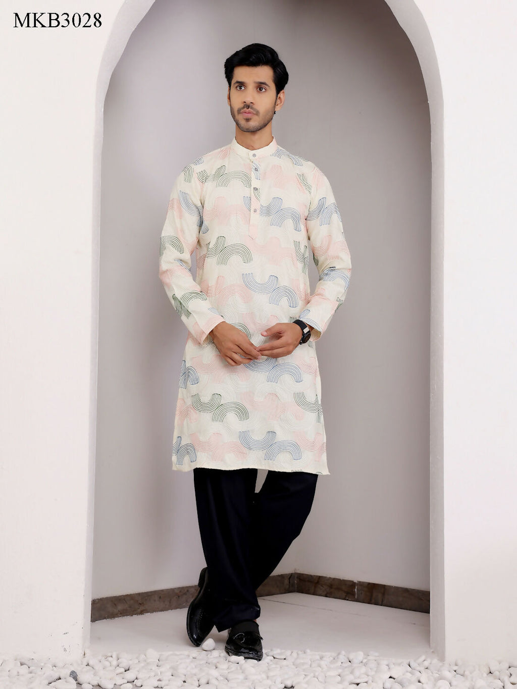 Cream Linen Designer Embroidery Work Men's Rajwadi Kurta Set - Mahotsav