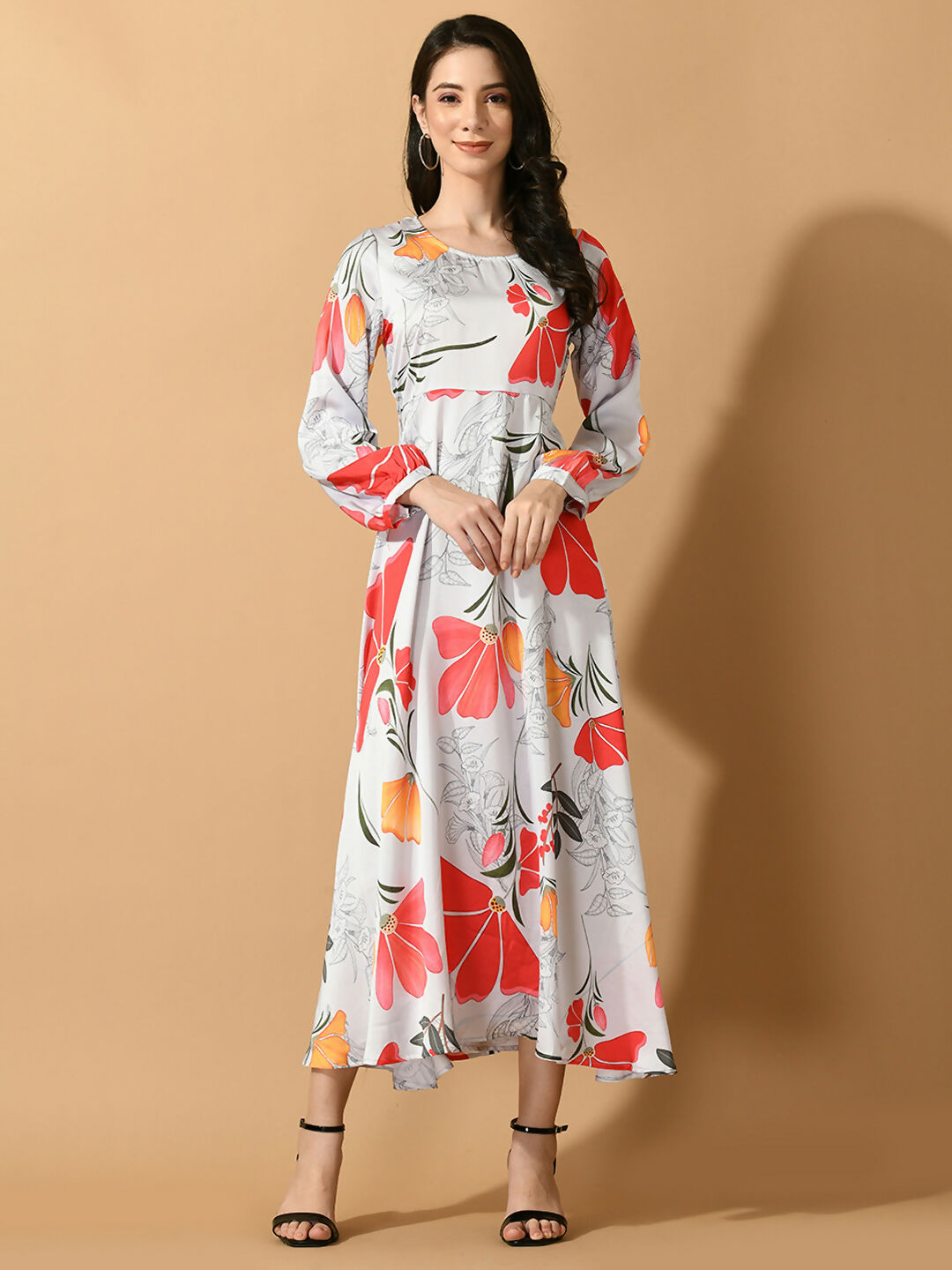 Myshka Women's White Fit and Flare Party Dress
