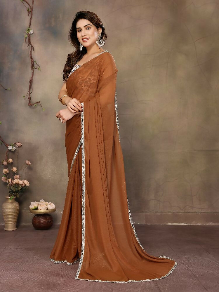 PR Fashion Brown Star Georgette Solid Georgette With Mirror Border Saree