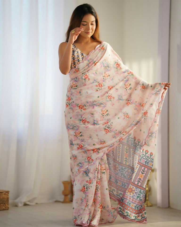 Cream Chinon Designer Digital Printed & Mirror Cut Work Saree - Kriti