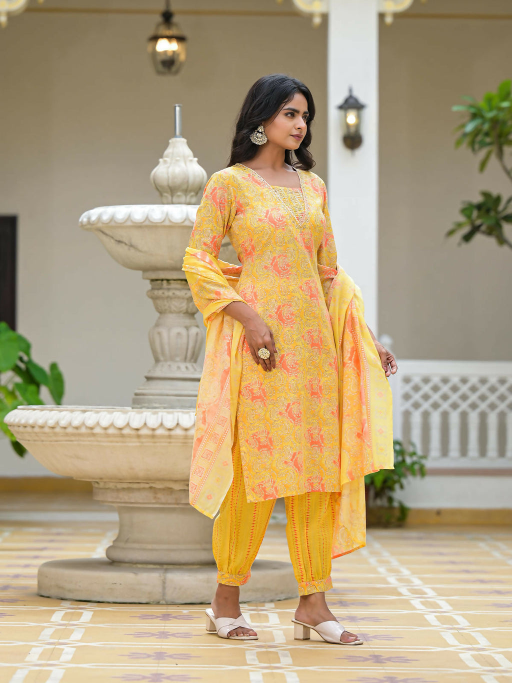 Juniper Women's Yellow Ethnic Motif Printed Cotton Kurta Pant With Dupatta Set With Sequins & Lace