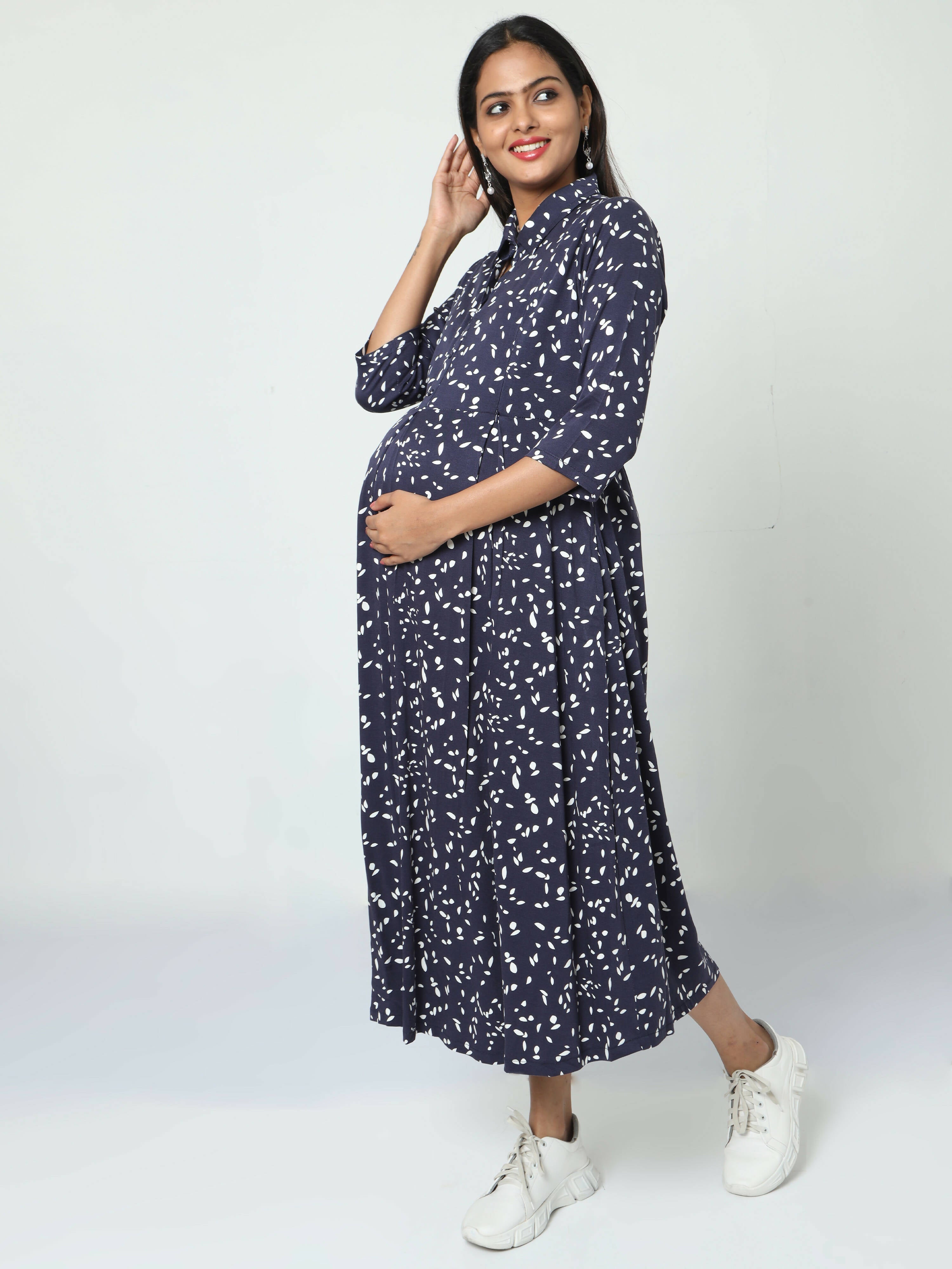 Manet Three Fourth Maternity Dress White Dot Print With Concealed Zipper Nursing Access - Navy Blue