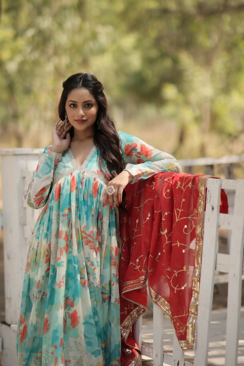 Vastranavya Digital Printed Russian silk & Stitch Canvas Patta Gown with Dupatta - Sky Blue