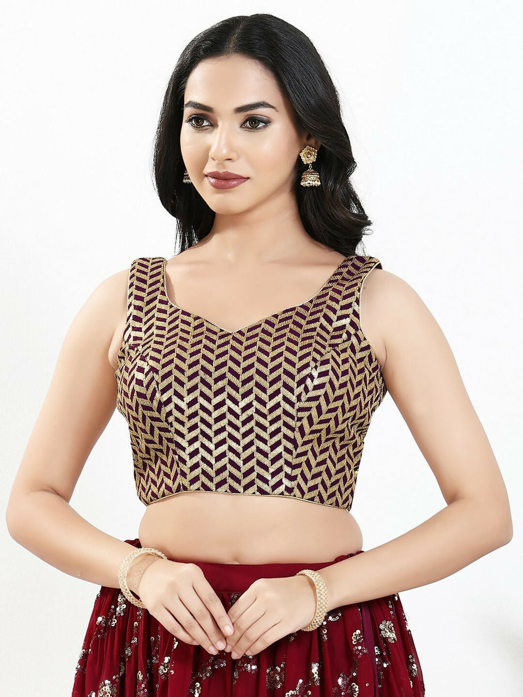 Joban Fashion Wine Silk Padded Blouse With Sweetheart Neck Sleeveless