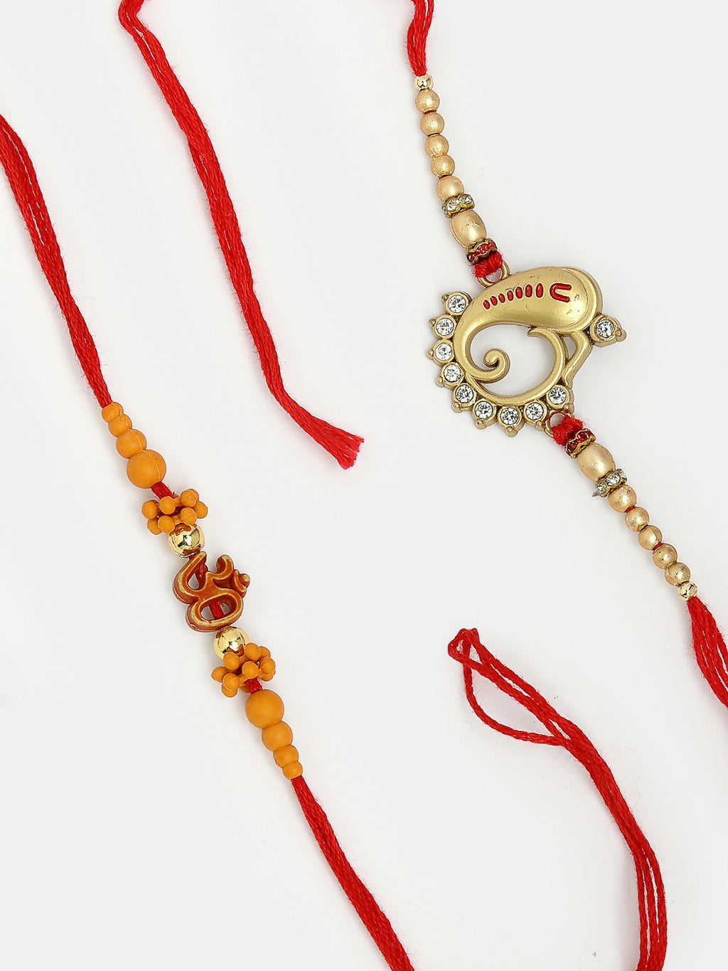NVR Men Set of 2 Gold-Toned Ganesha Stone-Studded Rakhi With Roli Chawal